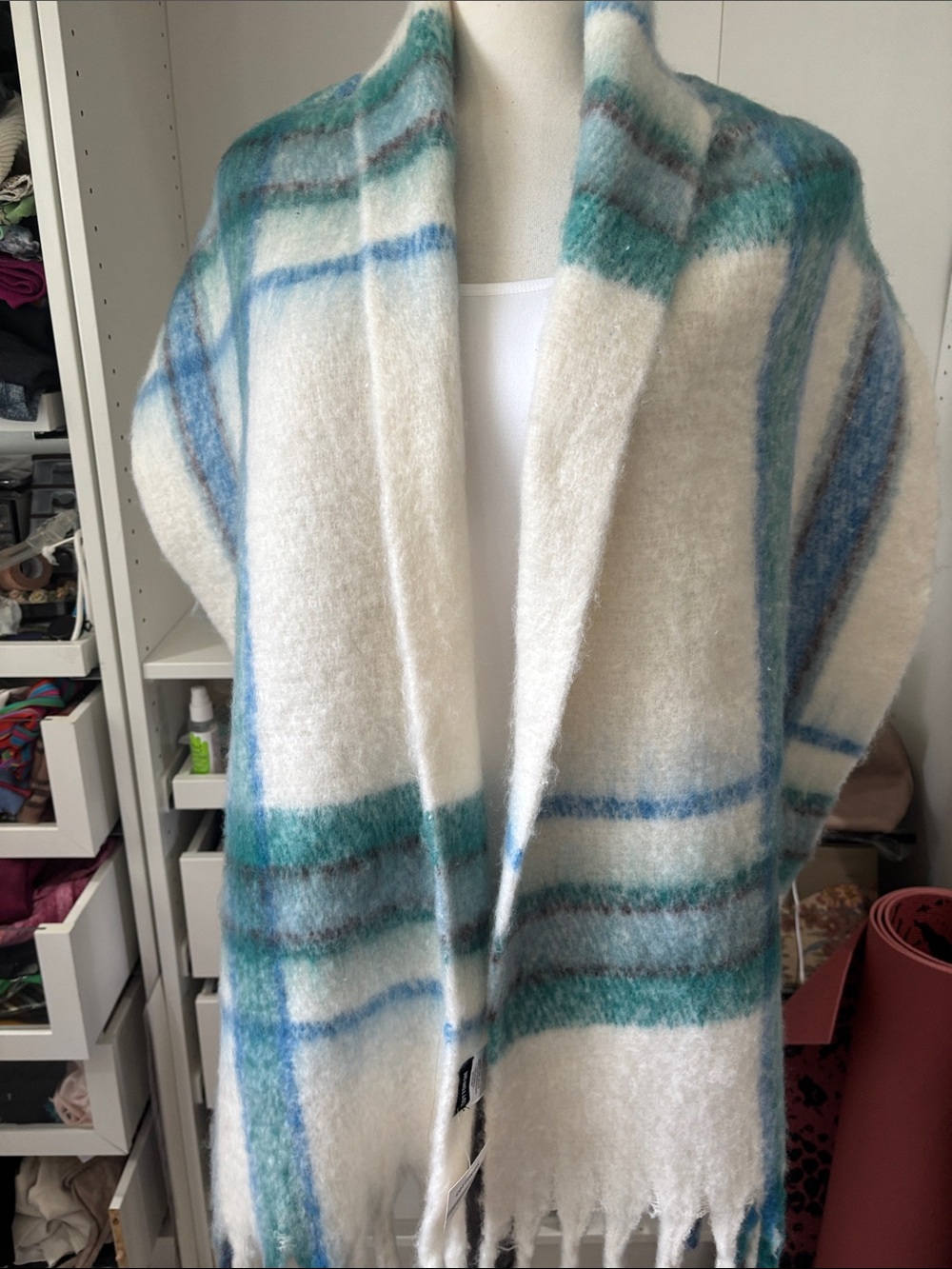 Cotton On White Plaid Throw with Blue & Teal Stripes